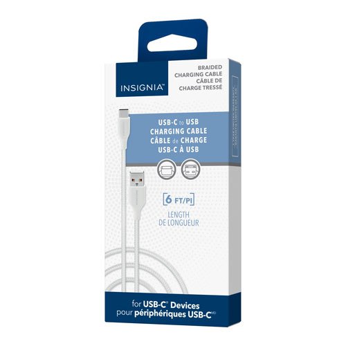 600603300219 Insignia 1.8m (6 ft.) USB-C to USB-A Braided Cable - White. - Image 1