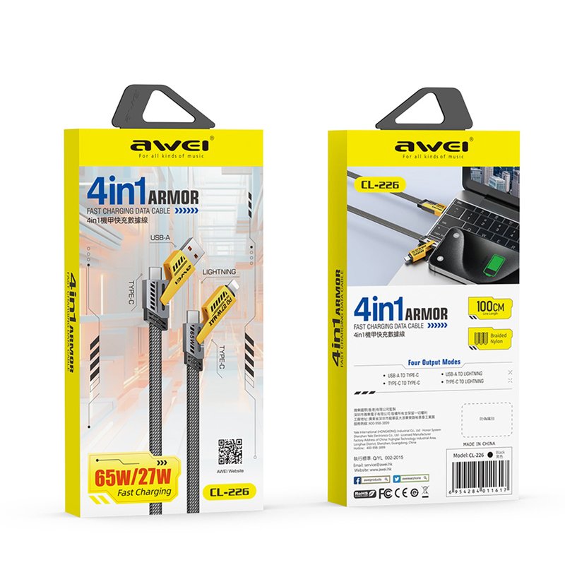 AS150665A_1 AWEI CL-226 65W 1M Type-C+USB to Lightning+Type-C 4 in1 Fast-Charging Data Cable Black - Image 1