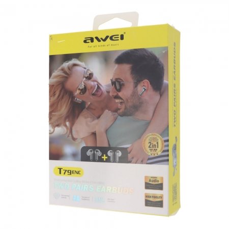 29120240930100833 AWEI T79 ENC 2 Pair Noise Cancelling Heavy Bass Bluetooth Earphone White - Image 1