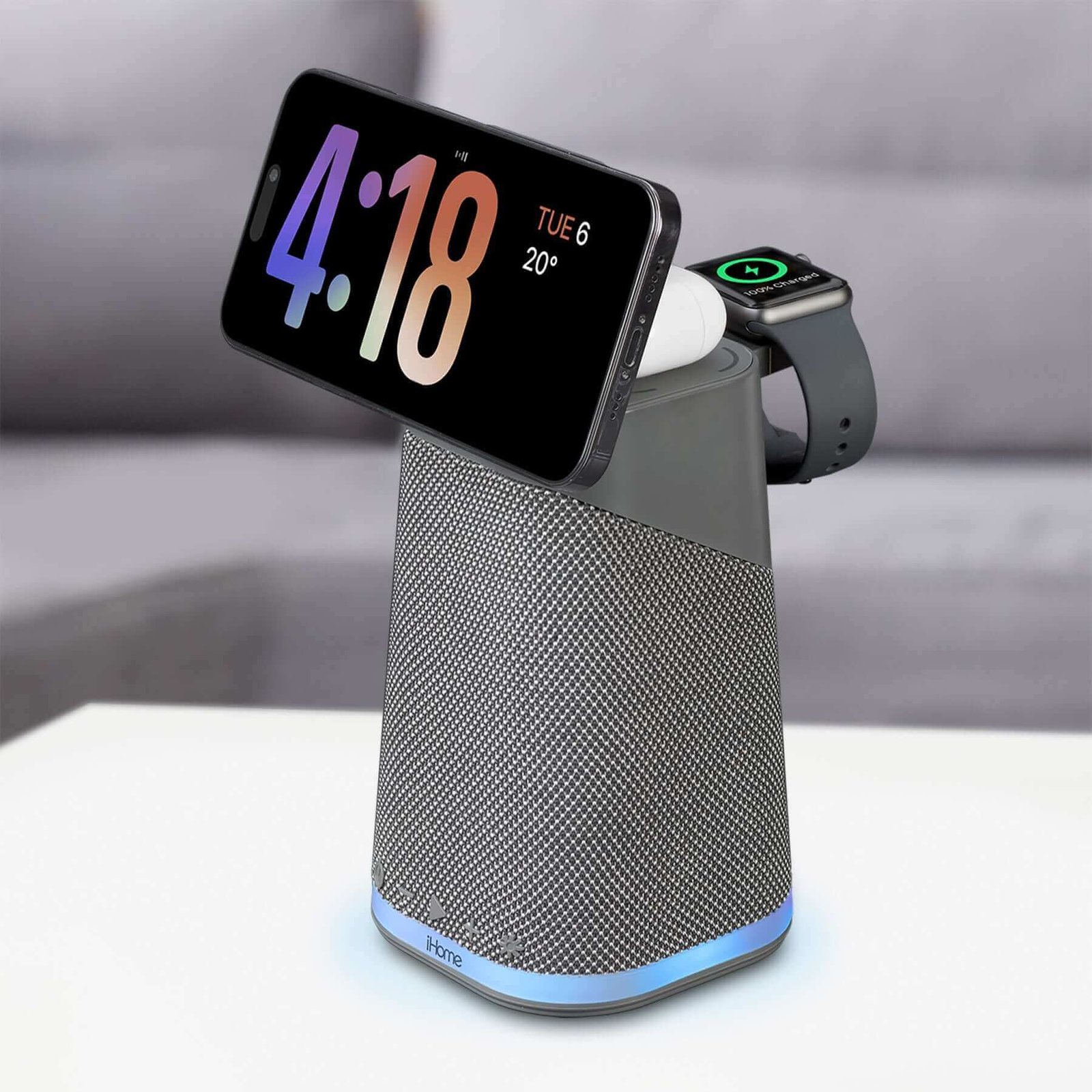 wireless-charger-with-apple-watch-charger-airpods-charger-bluetooth-speaker-and-night-light-dark-grey-ipbt70dg-537697 iHome Wireless Charger with Apple Watch & AirPods Charger, Bluetooth Speaker, Color Changing Night Light - Image 1