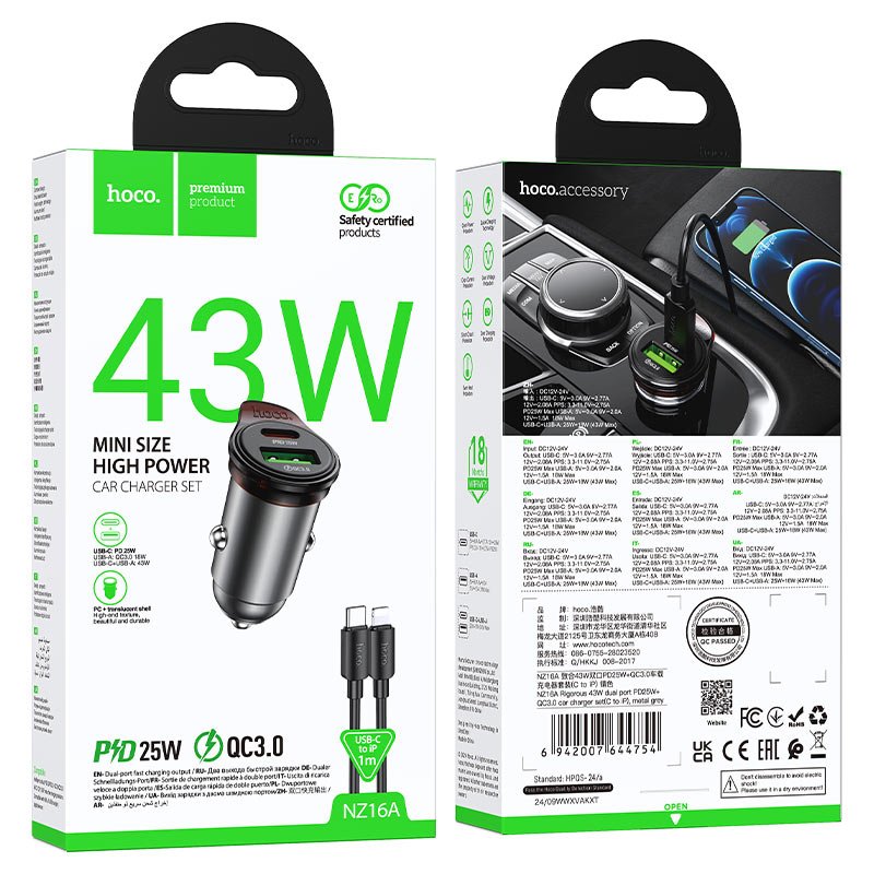 HOCO NZ16A HOCO NZ16A Rigorous 43W dual port PD25W+QC3.0 car charger set(C to C) metal grey - Image 1