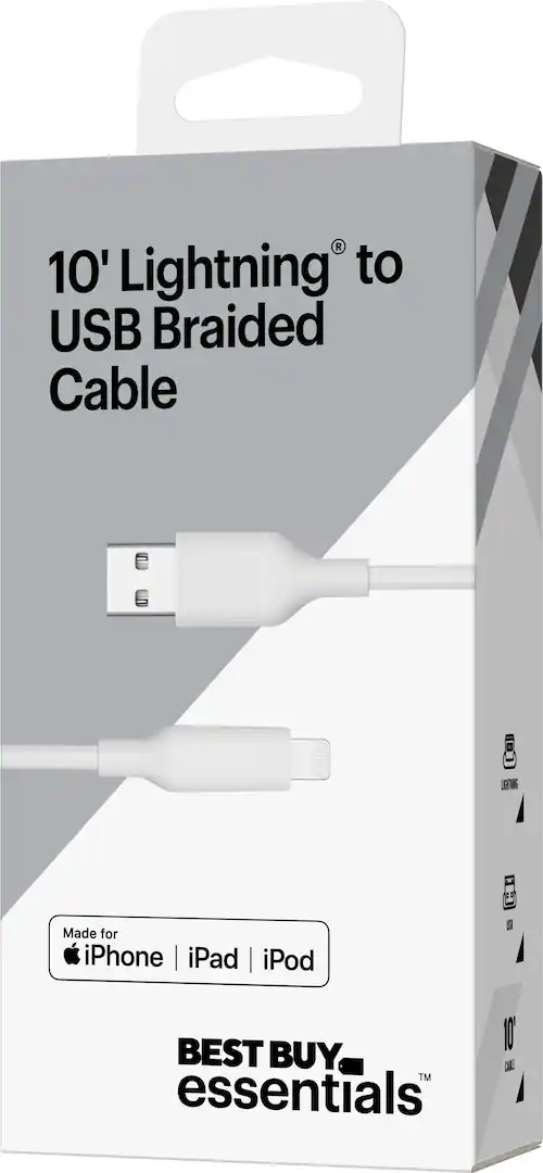cable usb to lightning 10` Best Buy essentials™ - 10’ Lightning to USB Braided Charge-and-Sync Cable - Image 1